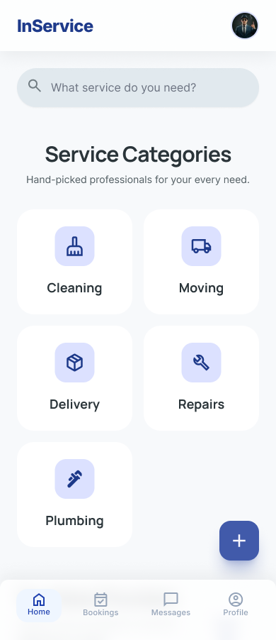 In Service home screen with a search field asking what service you need, above a grid of categories: Cleaning, Moving, Delivery, Repairs and Plumbing.