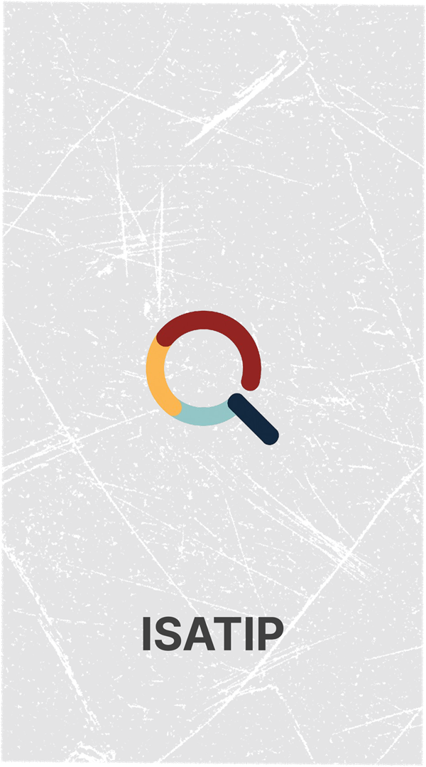 The ISATIP app logo — a magnifying glass drawn from red, amber and teal arcs — on a textured grey background.