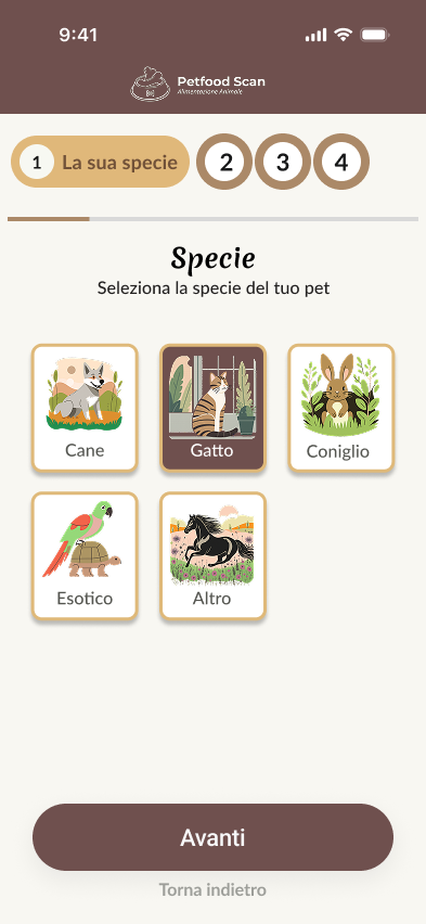Petsca species-selection step: illustrated cards for dog, cat, rabbit, exotic and other, with a progress bar showing step one of four.